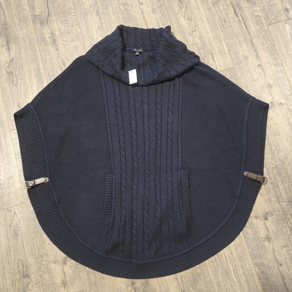 Talbots Cable Cowl Neck Poncho Womens S Dark Blue Buckle Sweater‎ Cotton Blend